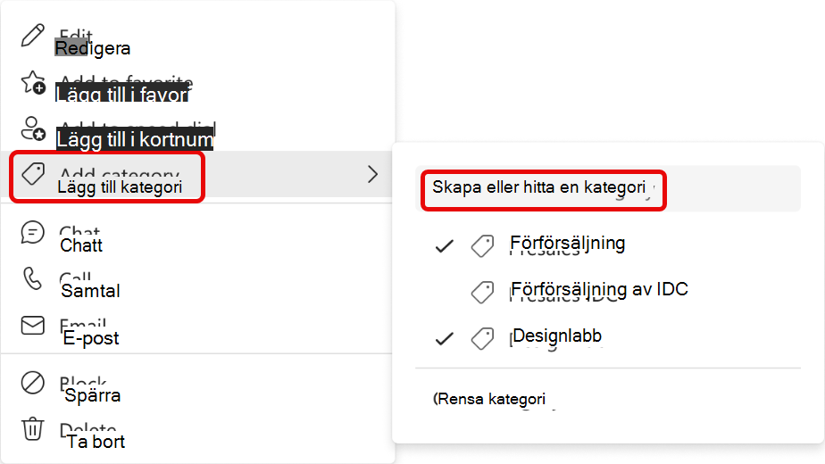 Skärmbild av menyn Lägg till kontakt i kategori