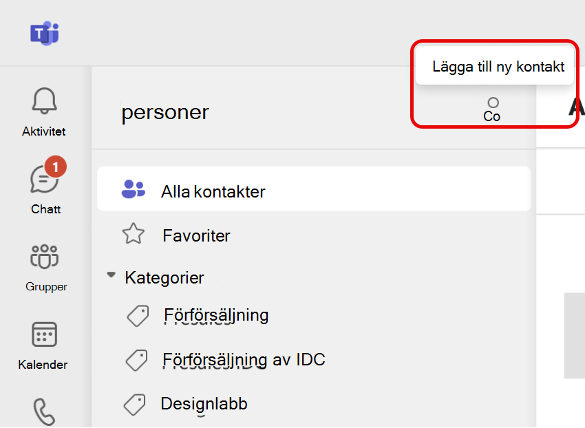 Skärmbild av ikonen lägg till ny kontakt i Teams People App