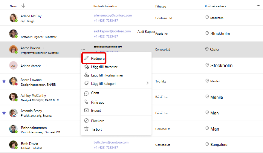 Skärmbild av arbetsflödet för att redigera kontaktinformation i Teams People App