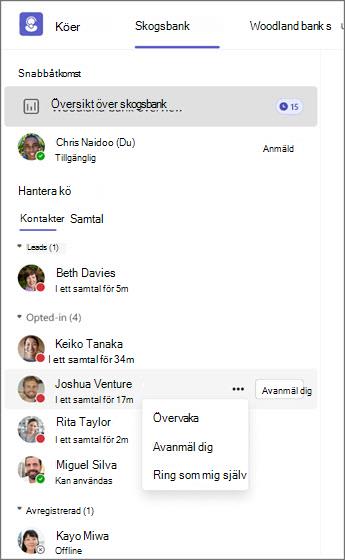 Köhanteringssystem som visar agentstatus och alternativ för att övervaka, avanmäla eller ringa.