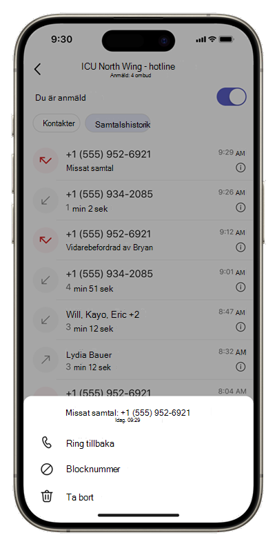 Skärmbild av fliken Samtalshistorik i Köer-appen på mobilen, med fler åtgärder.