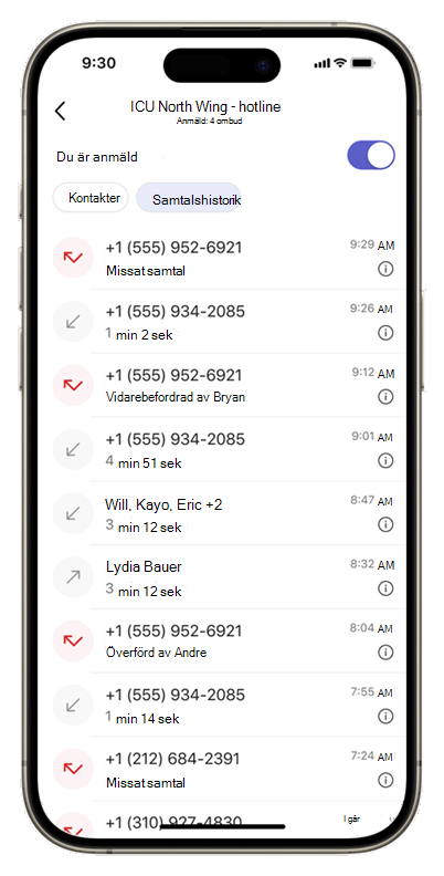 Skärmbild av fliken Samtalshistorik i Köer-appen på mobilen, som visar samtalshistoriken för en kö.