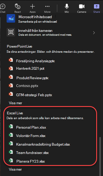 Skärmbild av delningsalternativ som markerar Excel-filer i Teams-möte.