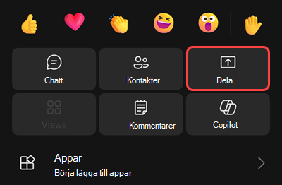 En meny i ett möte med alternativ för att starta inspelningen, parkera dig själv, ringa dig själv, dela, få en knappsats eller stänga av inkommande video.