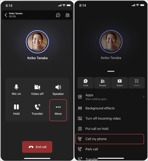 Skärmbild som visar steg för att flytta samtal från Teams Phone Mobile till mobiltelefon
