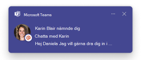 Skärmbild som visar en förhandsgranskning i en avisering om teams-omnämnande.