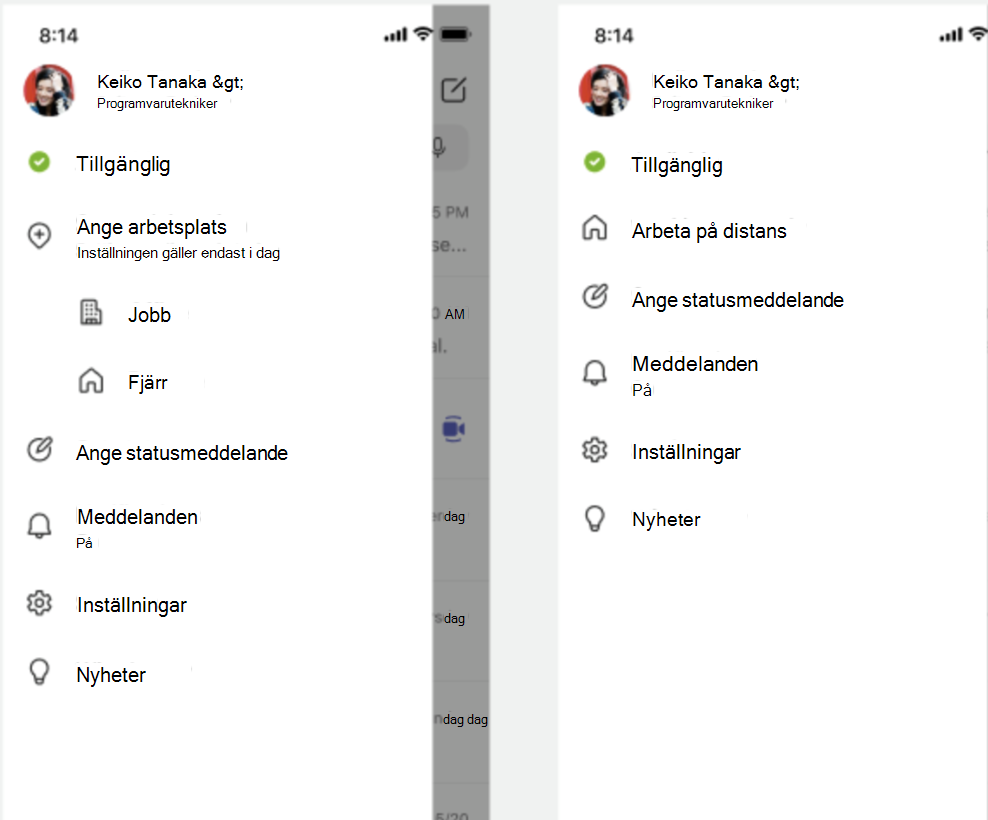 skärmbild av mobilmeny med alternativ för arbetsplats