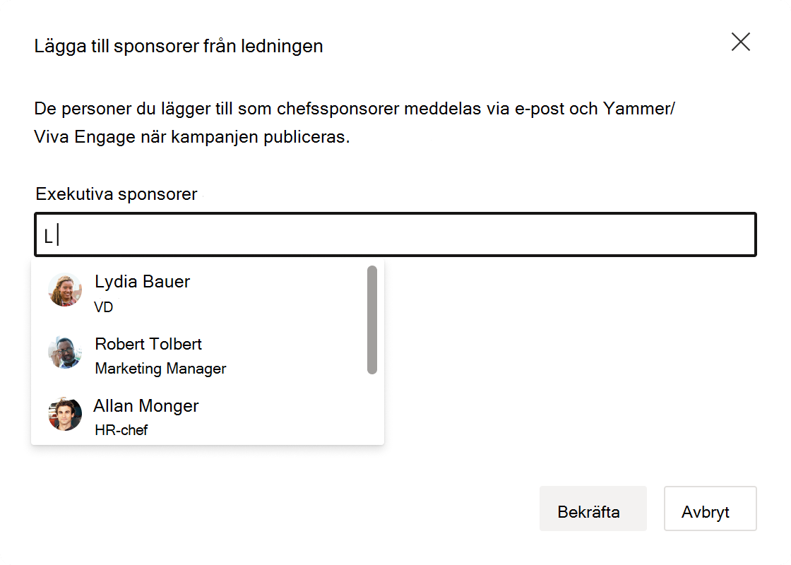 Skärmbild av inmatningsfältet för sponsorer från ledningen.