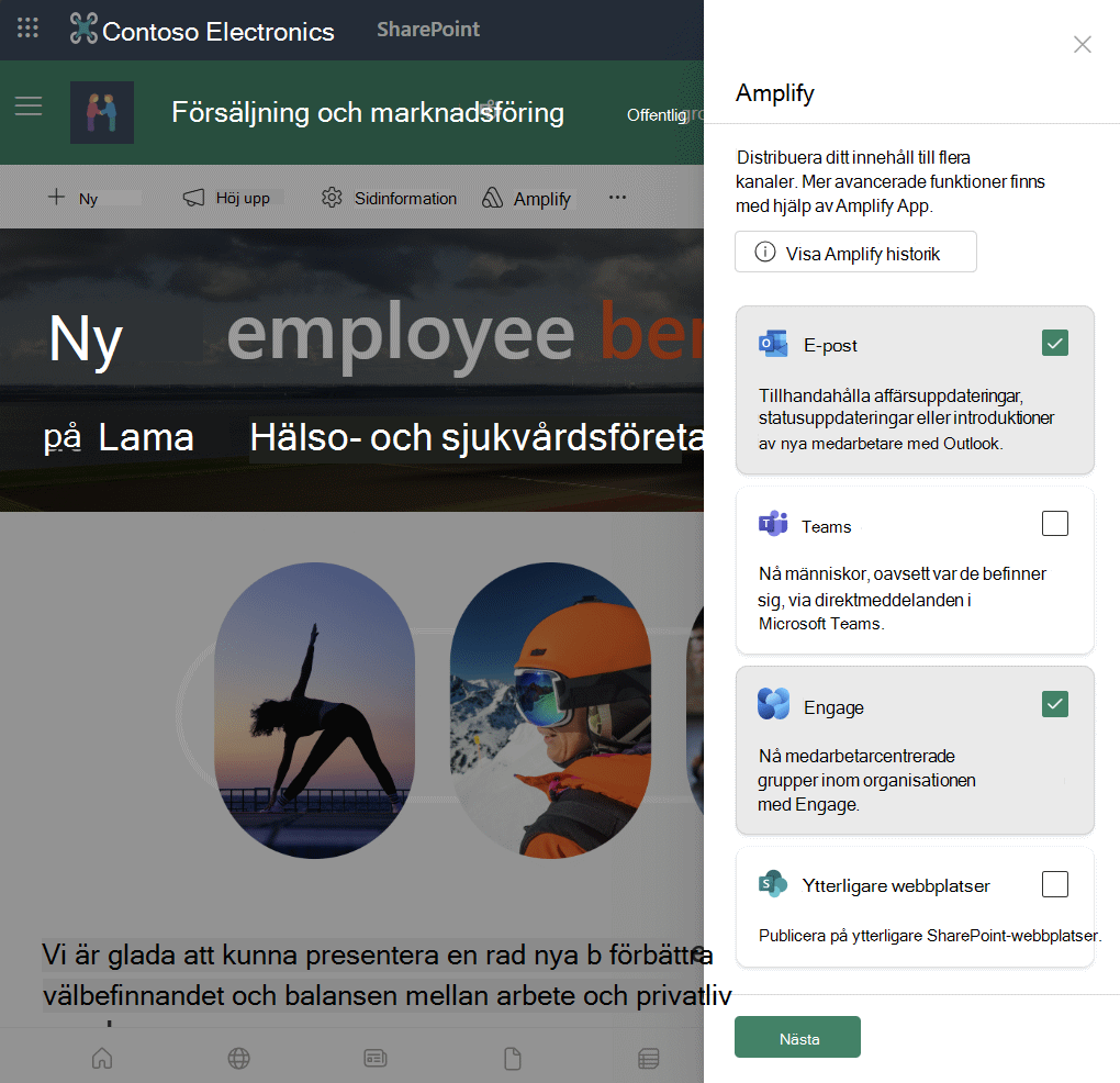 Amplify från SharePoint-panelen öppen i ett SharePoint-nyhetsinlägg som visar att du kan förstärka till e-post, Teams, Engage och ytterligare webbplatser.