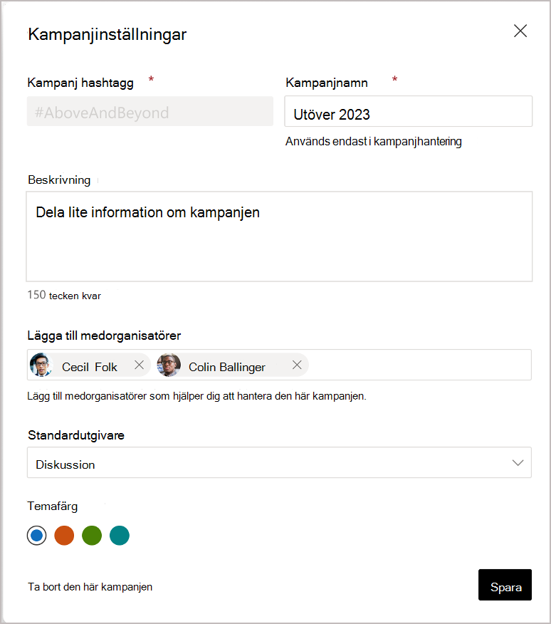 Engage och globala administratörer kan tilldela medorganisatörer.