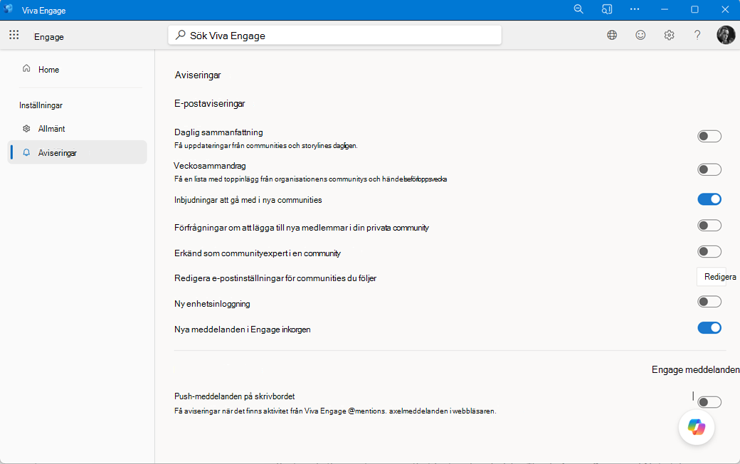 Inställningar för aviseringar om nätarbete i Engage