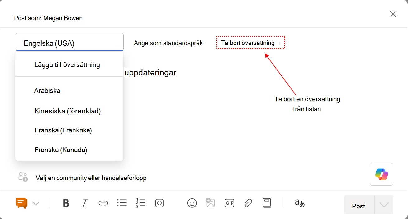 Skärmbild som visar interaktioner med översättningsfunktionen