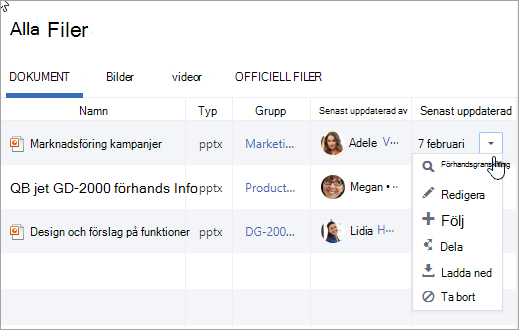 Listrutan i kolumnen Senast uppdaterad visar möjliga åtgärder