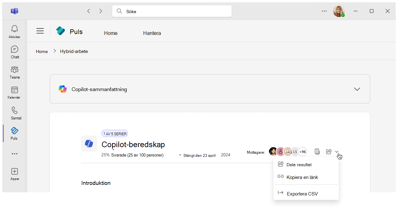 Knappen Exportera i Pulse-rapporten