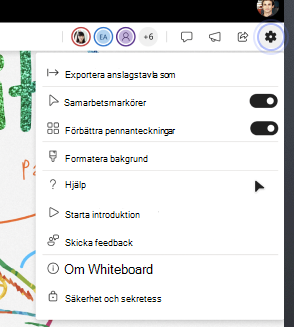 Om du vill öppna menyn Whiteboard-inställningar väljer du Inställningar (kugghjulsikon) i det övre högra hörnet.