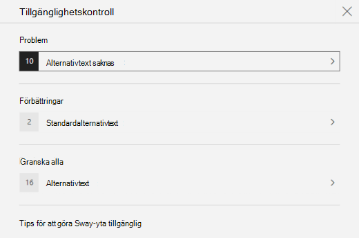 Fönstret Tillgänglighetskontroll som visar problem med alternativtext i Sway.