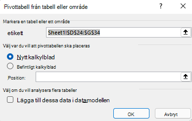 Dialogrutan Skapa pivottabell i Excel för Windows med det markerade cellområdet och standardalternativen.