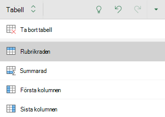 Alternativet Rubrikrad markerat för en tabell i Excel för Android