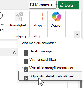 Tangentbordskommando för att dölja verktygsfältet Snabbåtkomst