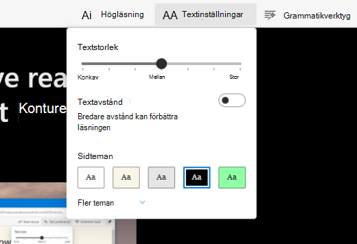 Vyn Avancerad läsare aktiverad i Microsoft Edge med visningsmenyerna.