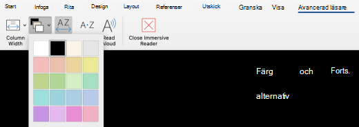 Menyn Avancerad läsare för sidfärg i Word för Mac.
