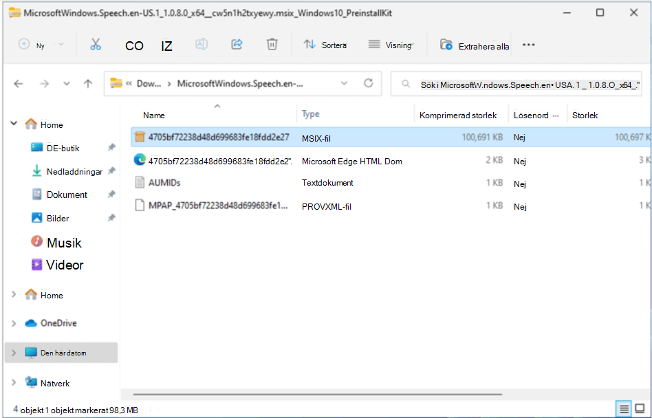 MSIX-fil markerad i den komprimerade mappen
