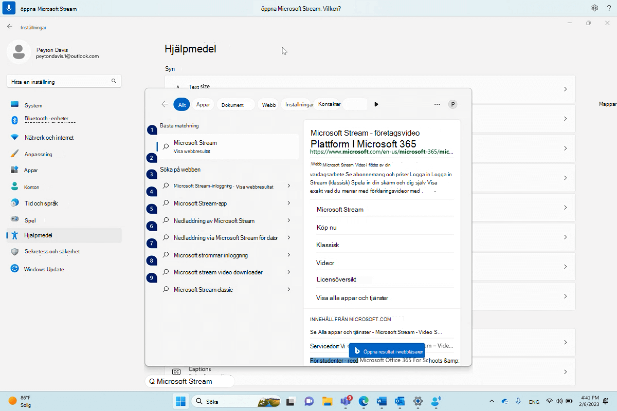 Dialogruta för att öppna Microsoft Stream med Windows röståtkomst.