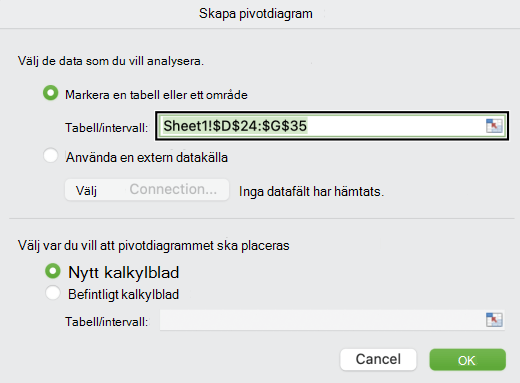 Dialogrutan Skapa pivotdiagram i Mac.