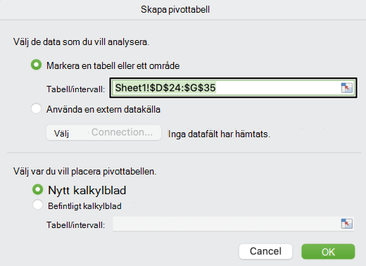Dialogrutan Skapa en pivottabell i Mac.