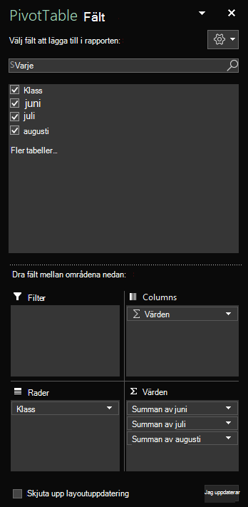 Fönstret Pivottabellfält öppnas i Excel för Windows med markerade tabellfält.