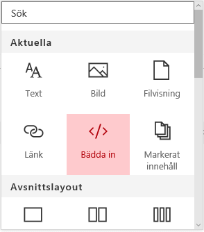 Skärmbild av menyn Bädda in innehåll i SharePoint.