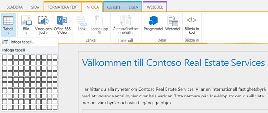 Skärmbild som visar menyfliksområdet i SharePoint Online. Välj fliken Infoga och välj sedan Infoga tabell för att ange antalet rader och kolumner för en ny tabell.