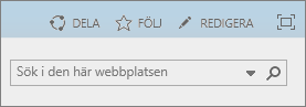 Skärmbild som visar en del av menyfliksområdet i SharePoint Online med kontrollerna för Dela, Följ och Redigera samt sökrutan.