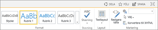 Skärmbild av en del av menyfliksområdet i SharePoint Online med kontrollerna för Dela, Följ och Spara.