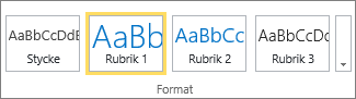 Skärmbild som visar gruppen Format i menyfliksområdet i SharePoint Online med formatet Rubrik 1 markerat.