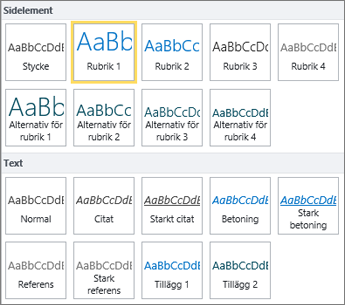 Skärmbild av sidelement och textformat som finns i gruppen Format i menyfliksområdet i SharePoint Online.