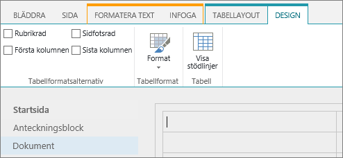 Skärmbild som visar menyfliksområdet i SharePoint Online. Använd fliken Design för att markera kryssrutor för rubrikrad, sidfotsrad, första och sista kolumn i en tabell samt välja bland tabellformat och ange om tabellen använder stödlinjer.