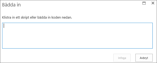 Skärmbild av dialogrutan Bädda in i SharePoint Online för att klistra in skript eller inbäddningskod för video- eller ljudfiler och infoga sedan koden.