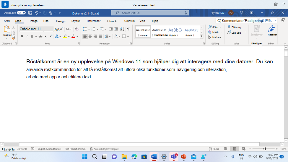 Word dokument som visar röståtkomstkommandot Versal.