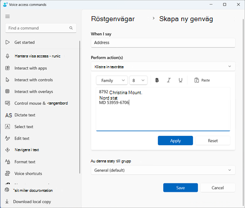 Skapa en ny kortkommandosida med en exempeladress i rutan Klistra in text och medieredigering. Det är ett exempel för att behålla Adress som en shorctcuty.