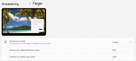 Anpassat färgläge för Windows 11.