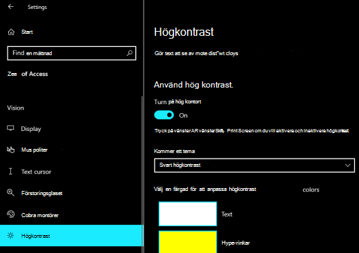 Windows högkontrastalternativ med svart högkontrast markerat.