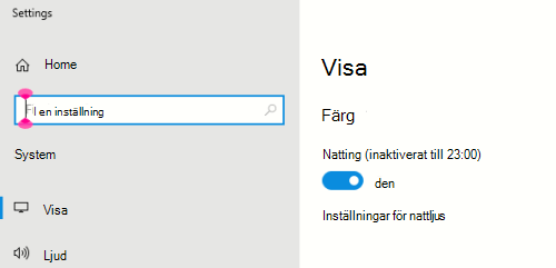 Alternativet Nattläge i Windows valt i bildskärmsinställningarna.