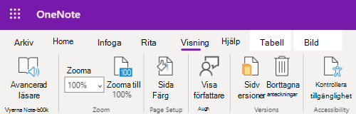 Zoomkontrollerna i appen OneNote för webben.