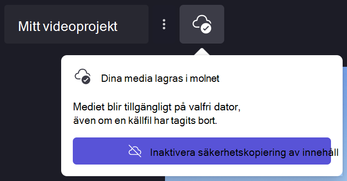 Bild av dialogruta för säkerhetskopiering av Clipchamp innehåll