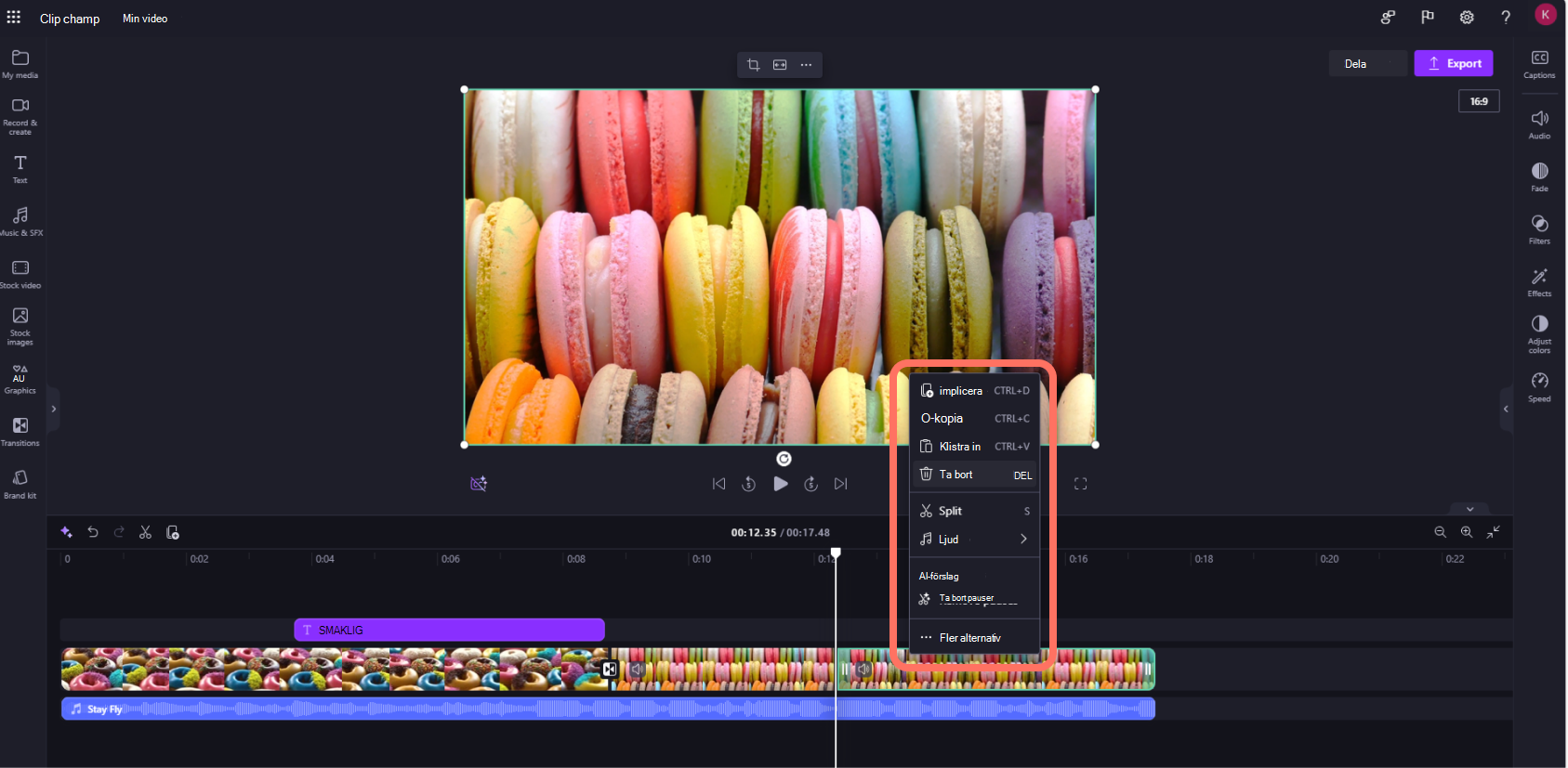 En skärmbild av en Clipchamp för arbetskonton som användaren tar bort ett videoklipp från tidslinjen.
