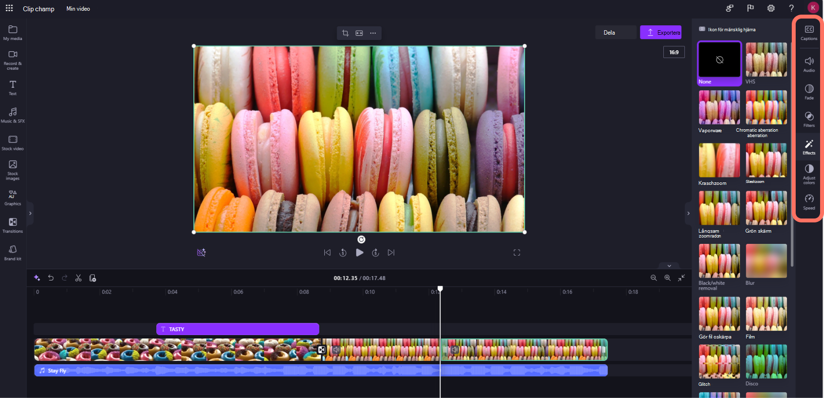 En skärmbild av en Clipchamp för arbetskonton som användaren klickar på på fliken Effekter på egenskapspanelen.