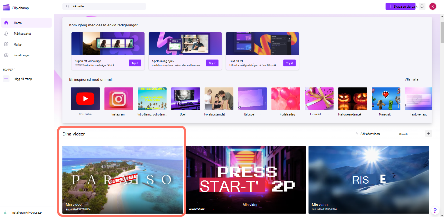 En skärmbild av en Clipchamp för personliga konton som användare kommer åt en video från startsidan.