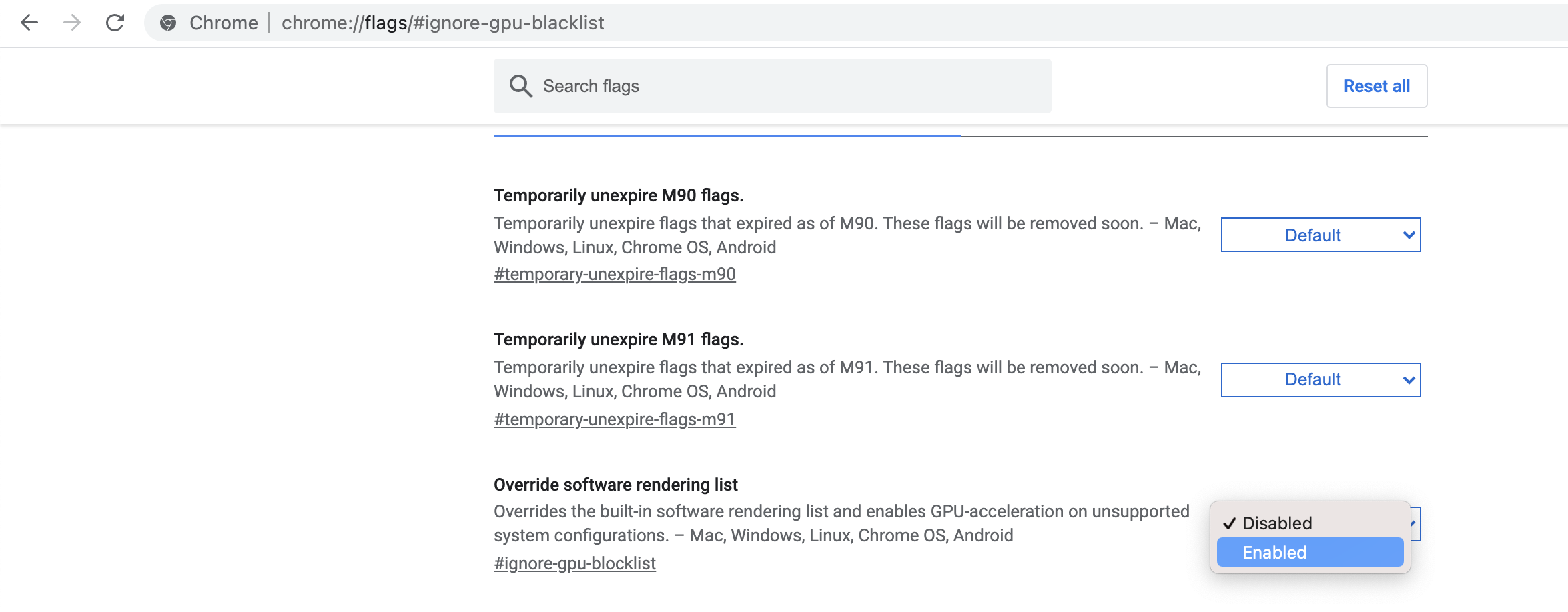 Bild av tvingande lista över programvarurendering i Google Chrome