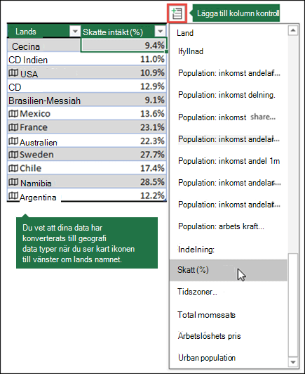 Lägg till en kolumn i en geografisk datatyp genom att välja en egenskap från knappen Lägg till kolumn.